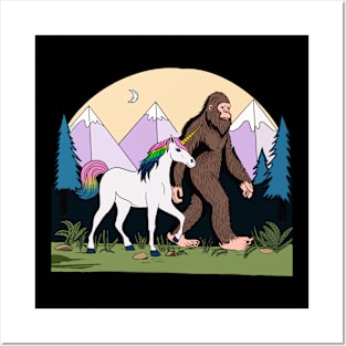 Mythical Creatures Bigfoot And Unicorn In The Wild Halftone Posters and Art